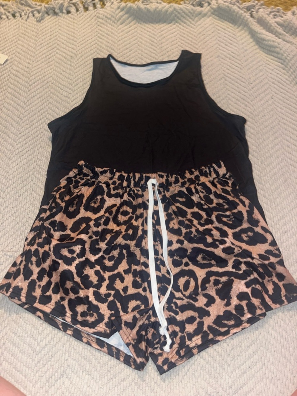 Black Tank Top with Leopard Print Drawstring Shorts